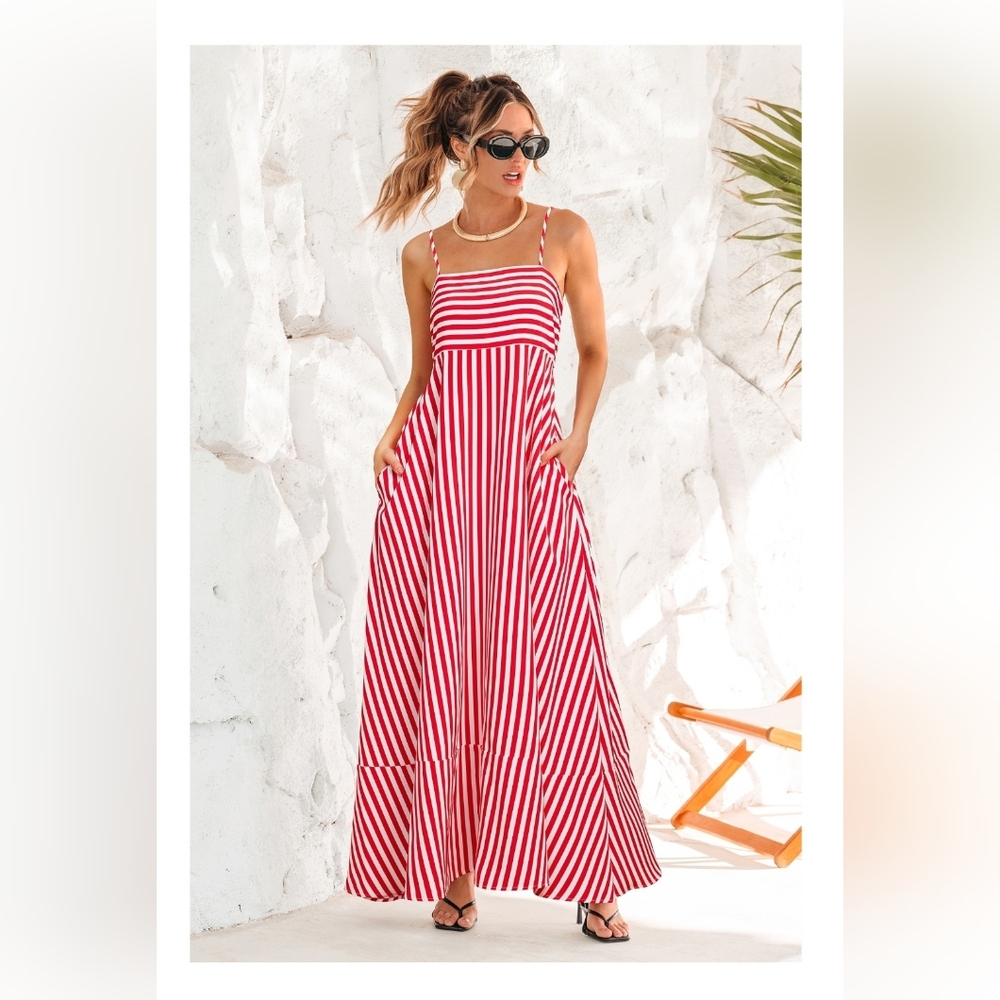Cupshe Red & White Striped Spaghetti Strap Maxi Dress